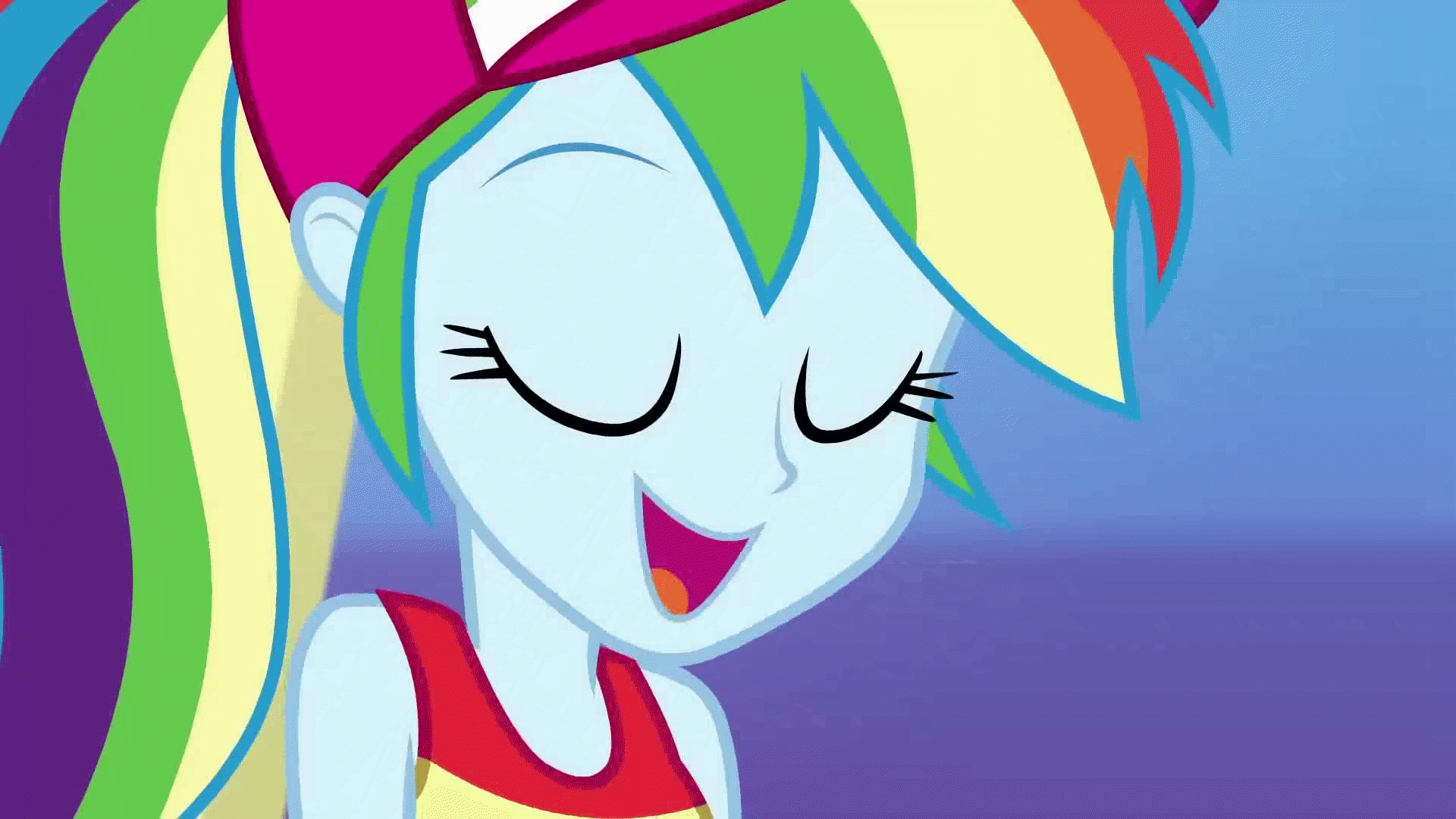 Size: 1920x1080 | Tagged: safe, edit, edited screencap, editor:roseluck, screencap, character:rainbow dash, species:eqg human, episode:i'm on a yacht, g4, my little pony: equestria girls, my little pony:equestria girls, alternate hairstyle, animated, baseball cap, blue background, cap, close-up, clothing, dancing, eyes closed, female, gif, gradient background, happy, hat, loop, open mouth, perfect loop, ponytail, simple background, singing, sleeveless, slowed down, smiling, solo, tank top