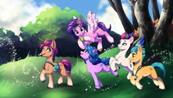 Size: 1280x720 | Tagged: safe, artist:faline-art, character:hitch trailblazer, character:izzy moonbow, character:pipp petals, character:sunny starscout, character:zipp storm, species:earth pony, species:pegasus, species:pony, species:unicorn, g5, ball, beautiful, bracelet, coat markings, colored wings, complex background, group, jewelry, mane g5, quintet, socks (coat marking), tennis ball, toy, unshorn fetlocks, wings
