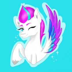 Size: 1200x1200 | Tagged: safe, artist:fall_flame3, character:zipp storm, species:pegasus, species:pony, g5, bust, colored wings, one eye closed, solo, sparkles, unshorn fetlocks, wings, wink