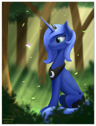 Size: 1688x2224 | Tagged: safe, artist:dash wang, character:princess luna, species:alicorn, species:pony, g4, butterfly, crepuscular rays, forest, horn, leaves, profile, s1 luna, sitting, solo, tree, wings