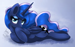 Size: 1900x1200 | Tagged: safe, artist:joakaha, character:princess luna, species:alicorn, species:pony, g4, blushing, cute, female, looking at you, lunabetes, lying down, mare, signature, simple background, solo