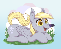 Size: 3005x2426 | Tagged: safe, artist:taytinabelle, character:derpy hooves, species:pegasus, species:pony, g4, butterfly, butterfly on nose, cute, derpabetes, dock, ear fluff, female, grass, happy, insect on nose, lying down, mare, open mouth, simple background, smiling, solo, three quarter view, unshorn fetlocks