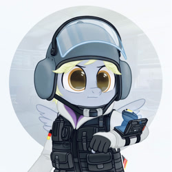 Size: 2000x2000 | Tagged: safe, artist:fchelon, character:derpy hooves, species:anthro, species:pegasus, g4, abstract background, armor, clothing, cosplay, costume, crossover, female, fingerless gloves, gloves, helmet, hoodie, iq, mask, rainbow six, rainbow six siege, simple background
