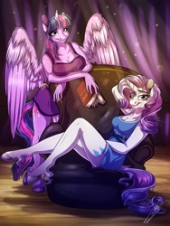 Size: 3000x4000 | Tagged: safe, artist:lupiarts, character:rarity, character:twilight sparkle, character:twilight sparkle (alicorn), species:alicorn, species:anthro, species:pony, species:unguligrade anthro, species:unicorn, g4, bedroom eyes, book, clothing, commission, curtains, digital art, dress, duo, duo female, female, hoof fluff, hooves, pinup, seat, sexy, stage, unshorn fetlocks