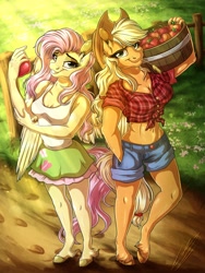 Size: 3000x4000 | Tagged: safe, artist:lupiarts, character:applejack, character:fluttershy, species:anthro, species:earth pony, species:pegasus, species:unguligrade anthro, g4, apple, applejack's hat, basket, bedroom eyes, belly button, blonde mane, blonde tail, breasts, bucket, busty applejack, busty fluttershy, cleavage, clothing, commission, cowboy hat, cutie mark, cutie mark on clothes, daisy dukes, denim shorts, dirt path, dress, duo, duo female, ear fluff, equestria girls outfit, female, food, front knot midriff, fruit, girly girl, grass, green eyes, grin, hand in pocket, happy, hat, herbivore, high res, looking at you, midriff, outdoors, pink mane, shirt, shorts, skirt, smiling, stetson, straw in mouth, tank top, yellow fur