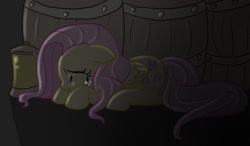 Size: 900x527 | Tagged: safe, artist:angelofhapiness, character:fluttershy, species:pegasus, species:pony, g4, amnesia the dark descent, barrel, crossover, crying, darkness, eyes closed, lantern, lying down, profile, prone, scared, shadow, solo
