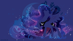 Size: 3840x2160 | Tagged: safe, artist:sambaneko, character:princess luna, species:alicorn, species:pony, g4, license:cc-by-nc-nd, abstract background, blue background, cutie mark, digital art, ethereal mane, female, jewelry, mare, regalia, silhouette, simple background, solo, spread wings, vector, wings