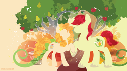 Size: 3840x2160 | Tagged: safe, artist:sambaneko, character:bright mac, character:pear butter, species:earth pony, species:pony, episode:the perfect pear, g4, my little pony: friendship is magic, license:cc-by-nc-nd, abstract background, apple, apple family member, apple tree, bright mac's hat, couple, cutie mark, digital art, duo, duo male and female, female, food, husband and wife, male, mare, pear, pear tree, shipping, silhouette, stallion, straight, vector