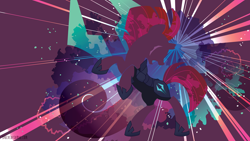 Size: 3840x2160 | Tagged: safe, artist:sambaneko, character:tempest shadow, species:pony, species:unicorn, g4, my little pony: the movie (2017), license:cc-by-nc-nd, abstract background, bodysuit, clothing, digital art, female, hoof shoes, mare, open mouth, scar, shoes, silhouette, solo, vector