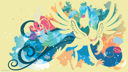 Size: 3840x2160 | Tagged: safe, artist:sambaneko, character:princess skystar, species:hippogriff, g4, my little pony: the movie (2017), license:cc-by-nc-nd, abstract background, beak, digital art, female, flower, flower in hair, freckles, jewelry, necklace, open mouth, seashell necklace, shelldon, shelly, silhouette, simple background, solo, spread wings, vector, wings, yellow background
