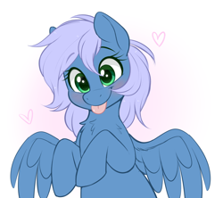 Size: 1770x1570 | Tagged: safe, artist:higgly-chan, oc, oc only, oc:vesperal breeze, species:pegasus, species:pony, g4, blep, blushing, chest fluff, cute, female, heart, mare, ocbetes, simple background, solo, spread wings, tongue out, white background, wings