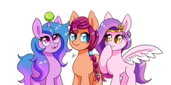 Size: 1200x602 | Tagged: safe, artist:zach_ce, character:izzy moonbow, character:pipp petals, character:sunny starscout, species:earth pony, species:pegasus, species:pony, species:unicorn, g5, ball, braid, childproof horn, circlet, colored wingtips, gradient hair, horn, izzy's tennis ball, multicolored wings, pipp wings, tennis ball, that pony sure does love tennis balls, toy, wings