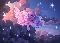 Size: 2048x1448 | Tagged: safe, artist:shore2020, manebooru spotlight, oc, oc only, species:pegasus, species:pony, g4, cloud, constellation, ear fluff, open mouth, pegasus oc, profile, solo, sparkles, spread wings, starry sky, stars, windswept mane, wings