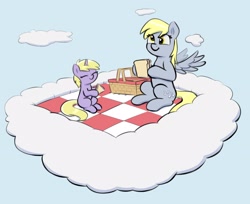 Size: 3396x2776 | Tagged: safe, artist:heretichesh, character:derpy hooves, character:dinky hooves, species:pegasus, species:pony, species:unicorn, g4, basket, cloud, cute, daughter, derpabetes, dinkabetes, duo, eyes closed, female, filly, food, hoof hold, mare, mother, mother and child, mother and daughter, parent and child, picnic, picnic basket, picnic blanket, sandwich, sitting, spread wings, wings, young
