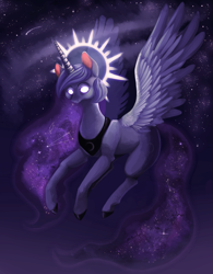 Size: 799x1024 | Tagged: safe, artist:cobaltthecat, character:princess luna, species:alicorn, species:pony, g4, constellation, epic, ethereal mane, female, galaxy mane, galaxy tail, glowing eyes, halo, night, night sky, sky, solo