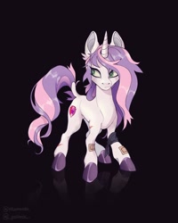 Size: 961x1200 | Tagged: safe, artist:_psiionix_, character:sweetie belle, species:pony, species:unicorn, g4, bandage, black background, cutie mark, messy mane, older, older sweetie belle, punk, scar, signature, simple background, solo, unshorn fetlocks