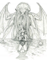 Size: 1100x1419 | Tagged: safe, artist:baron engel, character:sweetie belle, species:anthro, species:unicorn, g4, behind you, call of cthulhu, clothing, cthulhu, eldritch abomination, eldritch horror, female, lovecraft, monochrome, one-piece swimsuit, pencil drawing, swimsuit, traditional art