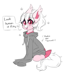 Size: 3583x3960 | Tagged: safe, artist:confetticakez, oc, oc:cream puff ( confetticakez ), species:bat pony, species:pony, g4, bat pony oc, bow, clothing, cute, cute little fangs, dialogue, fangs, female, hoodie, jewelry, mare, necklace, ocbetes, oversized clothes, sharp teeth, simple background, sitting, sparkles, tail bow, white background