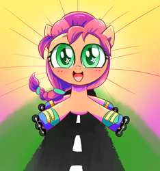Size: 2552x2728 | Tagged: safe, artist:ketereissm, character:sunny starscout, species:earth pony, species:pony, g5, blushing, colored pupils, open mouth, open smile, road, roller skates, smiling, solo, starry eyes, wingding eyes