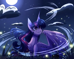 Size: 2048x1617 | Tagged: safe, artist:spirit-fire360, character:twilight sparkle, character:twilight sparkle (alicorn), species:alicorn, species:pony, g4, chest fluff, cloud, eye clipping through hair, female, firefly, grass, insect, mare, moon, night, signature, smiling, solo, spread wings, wind, wings