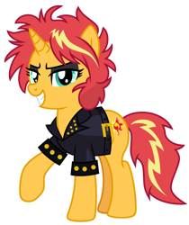 Size: 1024x1220 | Tagged: safe, artist:emeraldblast63, character:sunset shimmer, species:pony, species:unicorn, g4, my little pony:equestria girls, alternate hairstyle, clothing, female, jacket, leather jacket, raised hoof, rockstar, simple background, solo, three quarter view, transparent background