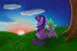 Size: 1280x844 | Tagged: safe, artist:6dpegasus, character:spike, character:twilight sparkle, character:twilight sparkle (unicorn), species:dragon, species:pony, species:unicorn, g4, calm, cloud, eyes closed, female, field, relaxed, sitting, stars, sun, sunset, tree