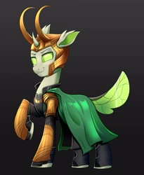 Size: 3079x3761 | Tagged: safe, artist:confetticakez, oc, oc:copycat, species:changedling, species:changeling, g4, cosplay, costume, gradient background, gray background, loki, simple background, solo