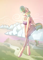 Size: 1595x2232 | Tagged: safe, artist:dandy, character:vapor trail, species:anthro, species:pegasus, species:unguligrade anthro, g4, bra, breasts, busty vapor trail, cleavage, clothing, cloud, eye clipping through hair, eyebrows, eyebrows visible through hair, female, mare, pants, profile, scenery, sitting, smiling, solo, sports bra, sweatpants, tail, tube top, underwear, wings, yoga pants