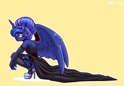 Size: 2048x1423 | Tagged: safe, artist:lrusu, character:princess luna, species:alicorn, species:anthro, species:plantigrade anthro, g4, alternate hairstyle, clothing, dress, ear piercing, earring, evening gloves, garter, gloves, high heels, jewelry, lidded eyes, long gloves, looking back, piercing, platform heels, platform shoes, shoes, signature, simple background, socks, solo, spread wings, squatting, stockings, thigh highs, unamused, wings, yellow background