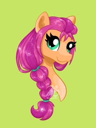 Size: 2048x2732 | Tagged: safe, artist:turtletroutstudios, character:sunny starscout, species:earth pony, species:pony, g5, braid, bust, eyelashes, female, green background, high res, looking at you, mare, portrait, simple background, solo, watermark