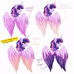 Size: 2048x2048 | Tagged: safe, artist:turtletroutstudios, character:twilight sparkle, character:twilight sparkle (alicorn), species:alicorn, species:pony, g4, alternate design, colored wings, female, high res, looking at you, mare, multicolored wings, profile, solo, spread wings, two toned wings, wings