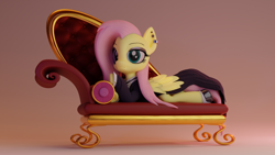 Size: 3840x2160 | Tagged: safe, artist:dieanondie, character:fluttershy, species:pegasus, species:pony, g4, 3d, blender, clothing, couch, dress, ear piercing, fainting couch, fluttergoth, goth, jewelry, lying down, piercing, prone, simple background, solo