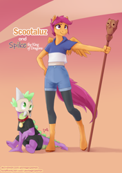Size: 1754x2480 | Tagged: safe, artist:pwnagespartan, character:scootaloo, character:spike, species:anthro, species:dragon, species:pegasus, species:unguligrade anthro, g4, clothing, cosplay, costume, crossover, king (the owl house), luz noceda, owlbert, shorts, signature, staff, text, the owl house, tights, wings