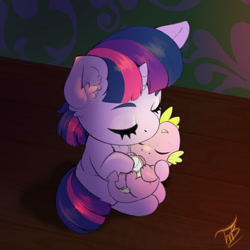 Size: 1600x1600 | Tagged: safe, artist:tillie-tmb, character:spike, character:twilight sparkle, character:twilight sparkle (unicorn), species:dragon, species:pony, species:unicorn, g4, baby, baby dragon, baby spike, chest fluff, cute, ear fluff, female, filly, filly twilight sparkle, male, mama twilight, mother, mother and child, mother and son, parent and child, sitting, son, spikabetes, spikelove, twiabetes, weapons-grade cute, young, younger