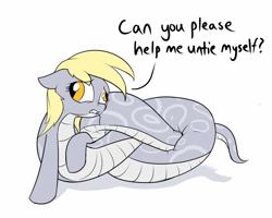 Size: 1280x1024 | Tagged: safe, artist:rocket-lawnchair, character:derpy hooves, species:lamia, g4, adorable distress, cute, derpy being derpy, dialogue, female, i can't believe it's not badumsquish, i just don't know what went wrong, lamiafied, original species, simple background, snake, snake pony, snerpy, solo, species swap, white background