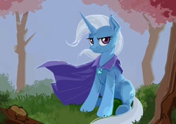 Size: 1199x848 | Tagged: safe, artist:lunashadowowo, character:trixie, species:pony, species:unicorn, g4, cape, clothing, forest, hat, looking at you, smiling, smiling at you, smirk, solo, trixie's cape, trixie's hat, wind, wizard hat