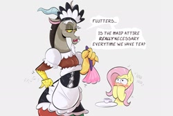 Size: 2389x1604 | Tagged: safe, artist:another_pony, character:discord, character:fluttershy, species:draconequus, species:pegasus, species:pony, ship:discoshy, g4, blushing, clothing, crossdressing, dialogue, duster, french maid, hooves on mouth, implied shipping, lidded eyes, maid, maid discord, shipping, simple background, white background, wide eyes