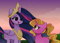Size: 6800x4900 | Tagged: safe, artist:kittyrosie, character:luster dawn, character:twilight sparkle, character:twilight sparkle (alicorn), species:alicorn, species:pony, species:unicorn, episode:the last problem, g4, my little pony: friendship is magic, season 9, absurd resolution, crown, cute, duo, duo female, female, high res, jewelry, looking at each other, lusterbetes, mare, necklace, older, older twilight, open mouth, open smile, peytral, princess twilight 2.0, profile, regalia, smiling, smiling at each other, the magic of friendship grows, three quarter view, twiabetes