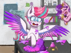 Size: 1080x810 | Tagged: safe, artist:galaxy swirl, character:pipp petals, character:zipp storm, species:pegasus, species:pony, g5, blushing, bubble, duo, ear fluff, experiment, eyes closed, female, laughing, mare, open mouth, phone, pipp wings, safety goggles, siblings, sisters, spread wings, table, unshorn fetlocks, wings