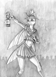 Size: 1000x1361 | Tagged: safe, artist:baron engel, character:ocellus, species:anthro, species:changedling, species:changeling, species:reformed changeling, fanfic:prey, g4, clothing, fanfic art, lantern, monochrome, outdoors, pencil drawing, skirt, solo, traditional art, worried