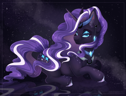 Size: 1920x1465 | Tagged: safe, artist:pvrii, character:nightmare rarity, character:rarity, species:pony, species:unicorn, g4, eyeshadow, looking at you, lying down, makeup, prone, solo