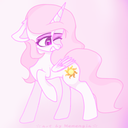 Size: 1024x1024 | Tagged: source needed, safe, artist:memengla, character:princess celestia, species:alicorn, species:pony, g4, alternate hair color, female, pink background, pink-mane celestia, simple background, wingding eyes, young celestia