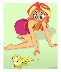 Size: 2572x3038 | Tagged: safe, artist:lummh, character:ray, character:sunset shimmer, species:eqg human, g4, my little pony:equestria girls, blep, cute, duo, duo male and female, female, green background, leopard gecko, male, silly, simple background, style emulation, tongue out