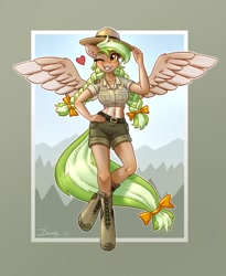 Size: 982x1200 | Tagged: safe, artist:dandy, oc, oc only, oc:sylvia evergreen, species:anthro, species:pegasus, species:pony, species:unguligrade anthro, g4, belly button, blushing, boots, bow, braided pigtails, breasts, clothing, cute, female, freckles, hair bow, hand, hand on hip, hat, heart, hips, looking at you, midriff, ocbetes, park ranger, shirt, shoes, short shirt, shorts, solo, solo female, uniform, wingding eyes, wings