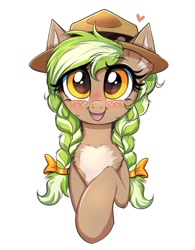 Size: 934x1200 | Tagged: safe, artist:confetticakez, oc, oc:sylvia evergreen, species:pegasus, species:pony, g4, blushing, bust, chest fluff, clothing, cute, hair ribbons, hat, simple background, smiling, twin braids, white background