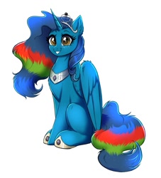 Size: 1090x1200 | Tagged: safe, artist:confetticakez, oc, oc:blue sky, species:alicorn, species:pony, g4, clothing, cute, jewelry, multicolored hair, necklace, peytral, rainbow hair, shoes, simple background, sitting, tiara, white background