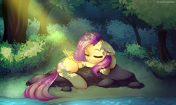 Size: 5045x3000 | Tagged: safe, artist:tatar.sauce, character:fluttershy, species:pegasus, species:pony, g4, crepuscular rays, cute, dappled sunlight, eyes closed, female, floppy ears, folded wings, forest, high res, lying down, mare, outdoors, peaceful, prone, river, shyabetes, sleeping, solo, stream, wings