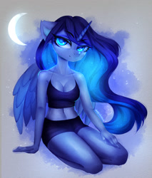 Size: 1640x1924 | Tagged: safe, artist:tatar.sauce, character:princess luna, species:alicorn, species:anthro, g4, beautisexy, belly button, bra, breasts, cleavage, clothing, crescent moon, crop top bra, digital art, female, lidded eyes, long hair, looking at you, mare, moon, shorts, simple background, smiling, solo, spread wings, tank top, underwear, wings