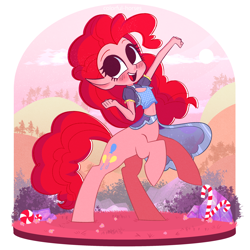 Size: 2500x2500 | Tagged: safe, artist:syrupyyy, character:pinkie pie, species:anthro, species:centaur, g4, blushing, candy, candy cane, centaur pie, centaurified, choker, christmas, clothing, elf ears, female, food, holiday, jewelry, midriff, necklace, open mouth, peppermint, shirt, skirt, solo, species swap, taur