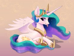 Size: 4263x3228 | Tagged: safe, artist:xbi, character:princess celestia, species:alicorn, species:pony, g4, abstract background, blep, clothing, crown, cute, cutelestia, ear fluff, eyeshadow, female, hoof shoes, jewelry, lidded eyes, lying down, makeup, mare, necklace, peytral, prone, raspberry, regalia, shoes, signature, sillestia, silly, smiling, solo, spread wings, tongue out, wing fluff, wings